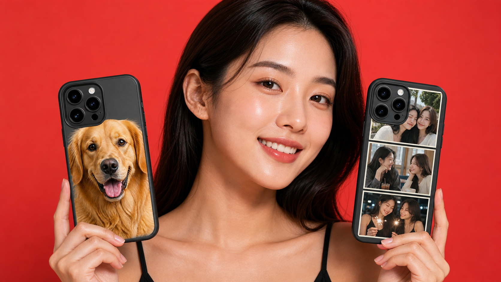 PCCM 커스텀 케이스 제작 경험 빨간 배경 앞에서 커스텀 사진 케이스를 든 모델