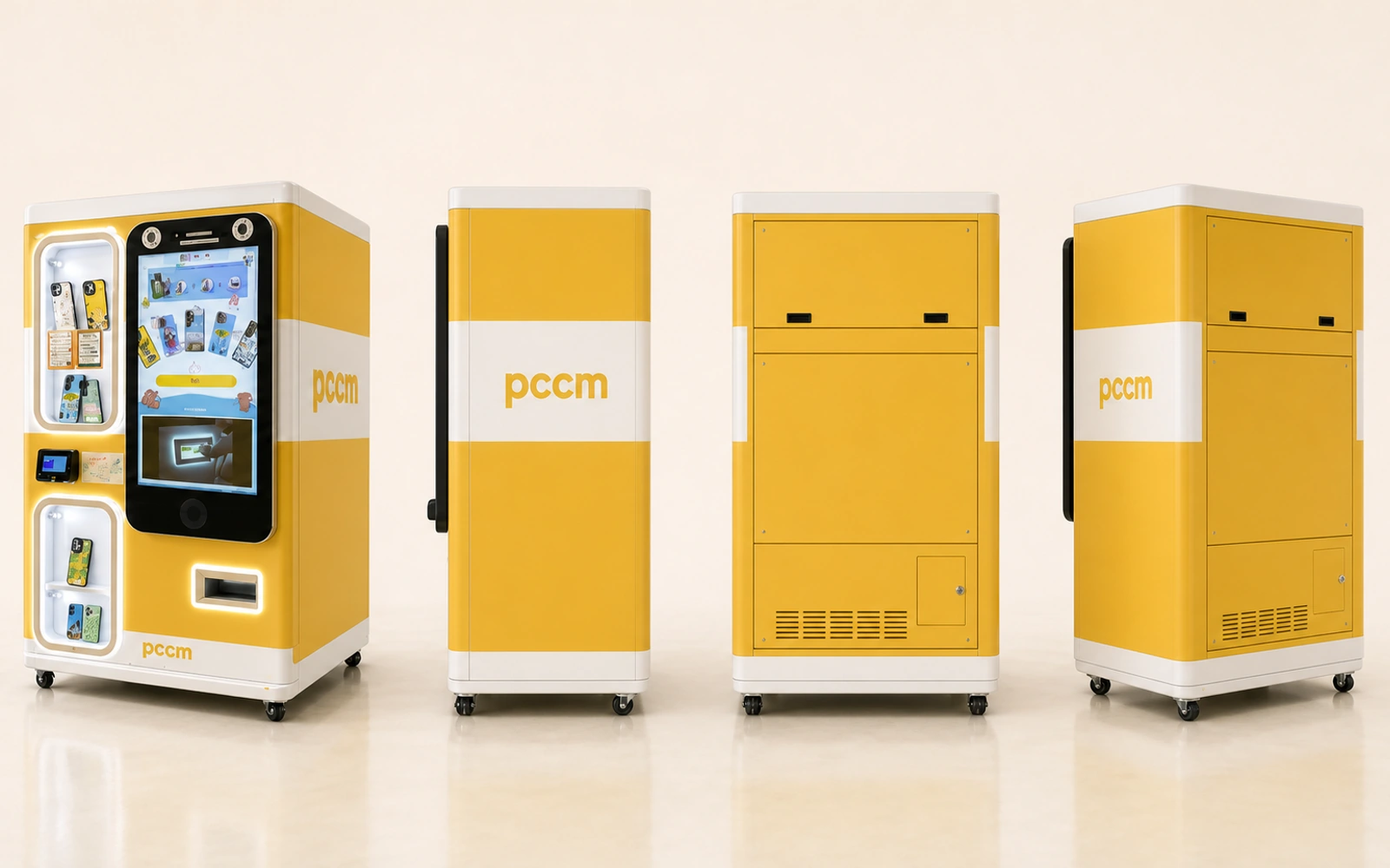 PCCM 커스텀 폰케이스 제작 머신의 전면 사선, 측면, 후면과 후면 사선 모습