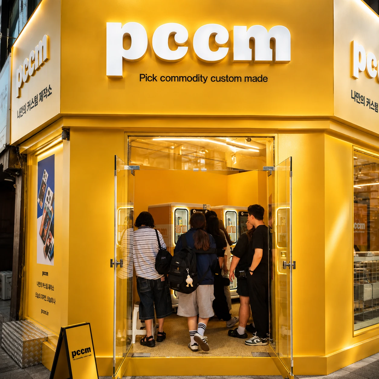 PCCM 커스텀 폰케이스 360도 컬렉션 하늘을 올려다보는 구도에서 여러 사람이 각기 다른 커스텀 폰케이스를 들고 원을 이룬 모습 1