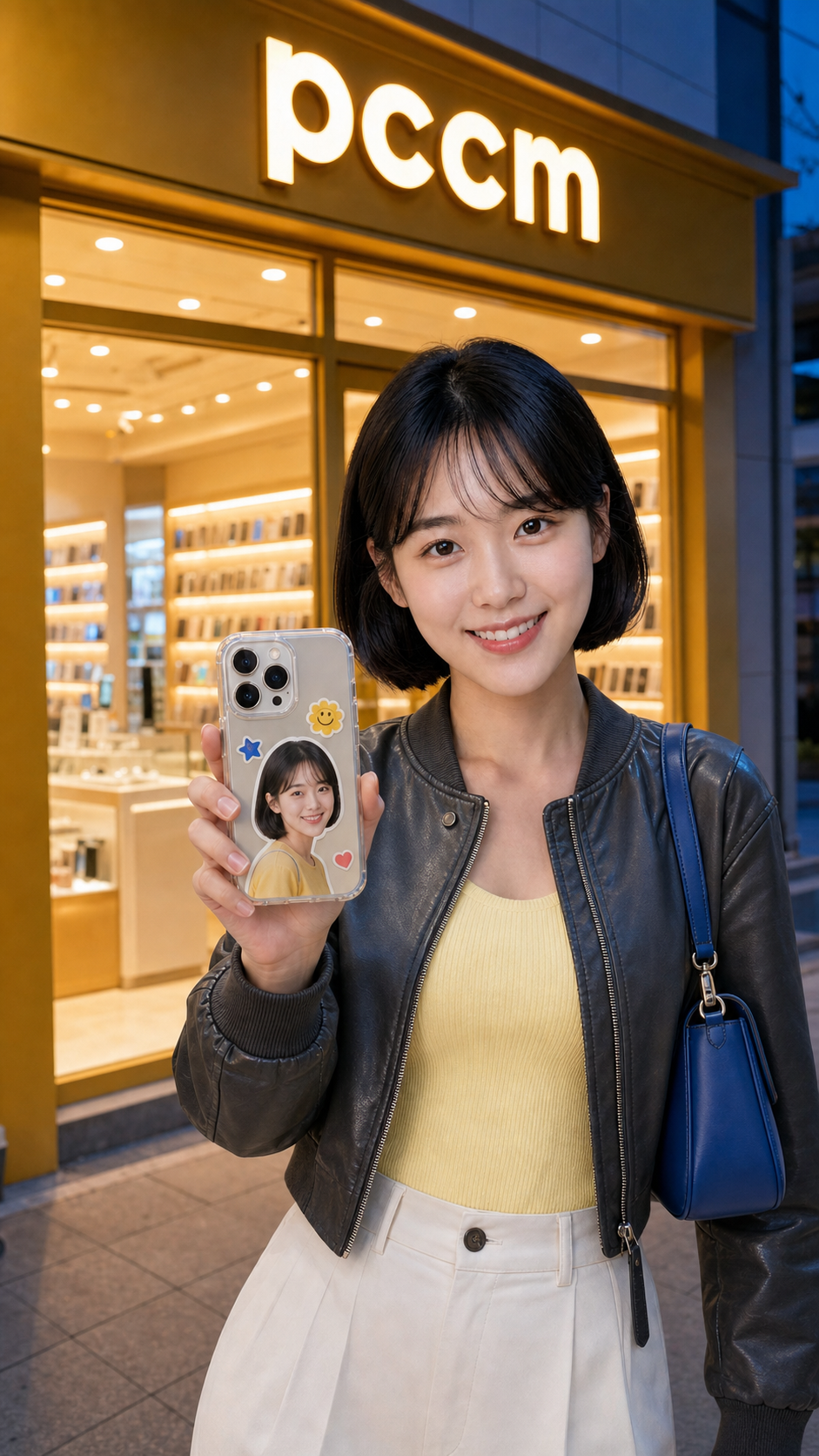 완성 케이스 수령 단계 PCCM 매장 앞에서 완성된 커스텀 폰케이스를 들어 보이는 고객